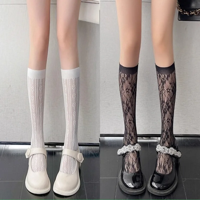 Women Sexy Floral Print Mesh Stockings Sweet Calf High Socks Soft Nylon Elastic Fishnet Fashion Long Leg Designer Sheer Socks