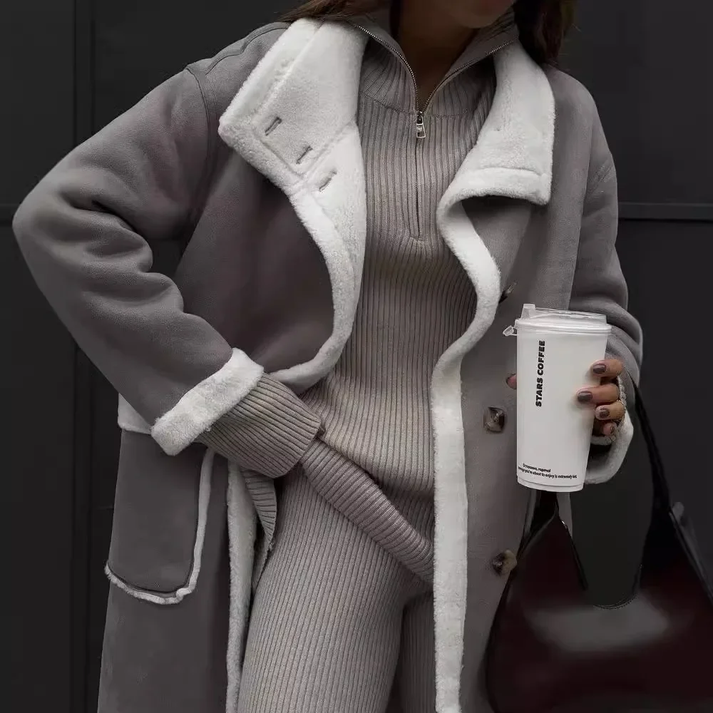 Europe and the United States new autumn and winter sticker bag gray patched-color coat lapel a body hair coat woman