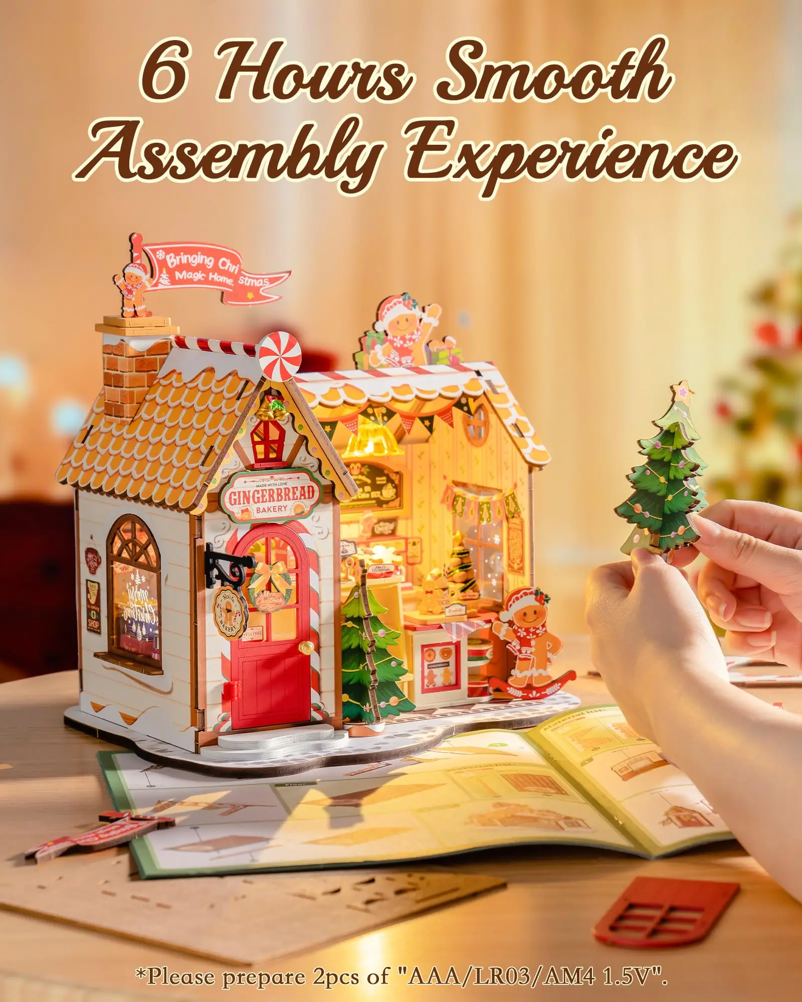Rolife Casa di pan di zenzero Kit in miniatura fai-da-te Casa delle bambole a tema natalizio con luci per la decorazione domestica Regalo di festa per un amico di famiglia