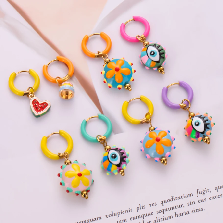 1Pair Trendy Multicolor Murano Glass Flower Aesthetic Y2K Girl Chic Aretes Vintage Turkish Lucky Evil Eye Hoop Earrings Jewelry