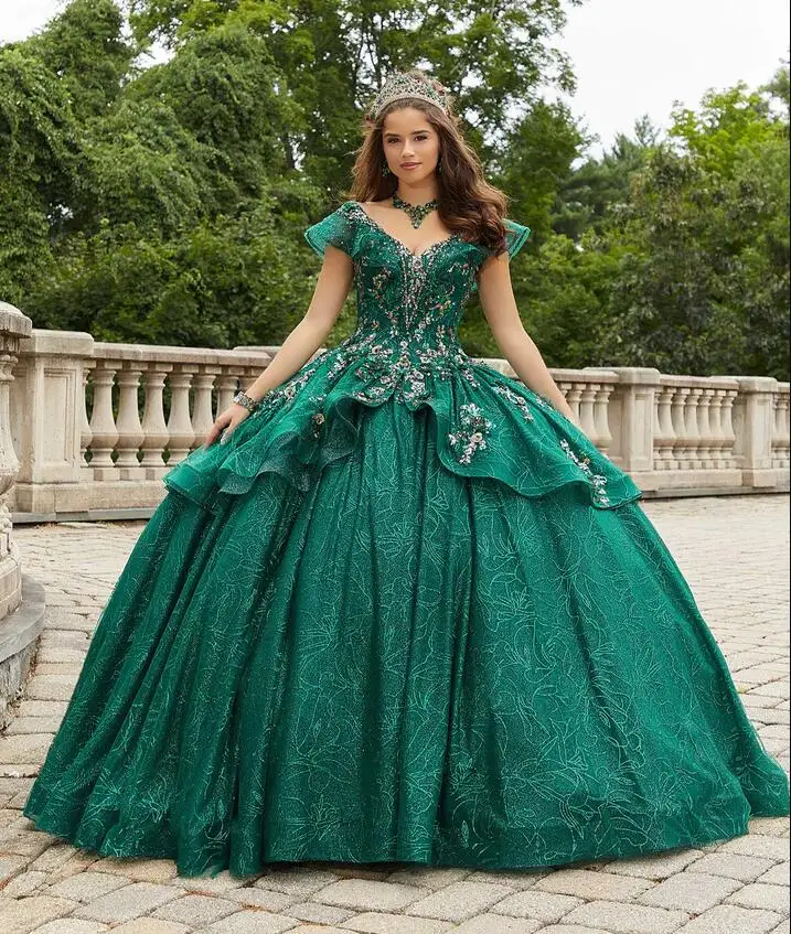 Изумрудно-зеленое платье для Quinceanera с кристаллами и бисером с оборками на плечах с V-образным вырезом и рюшами со шнуровкой корсет для выпускного вечера Vestidos de 15 лет