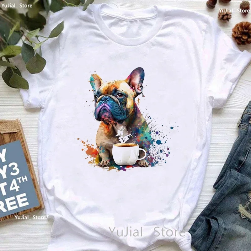 

Watercolor French Bulldog Puppy Love Coffee Printed Tshirt Women Kawaii Dog T Shirt Girls Gray/Green/Yellow/Pink/Black T-Shirt