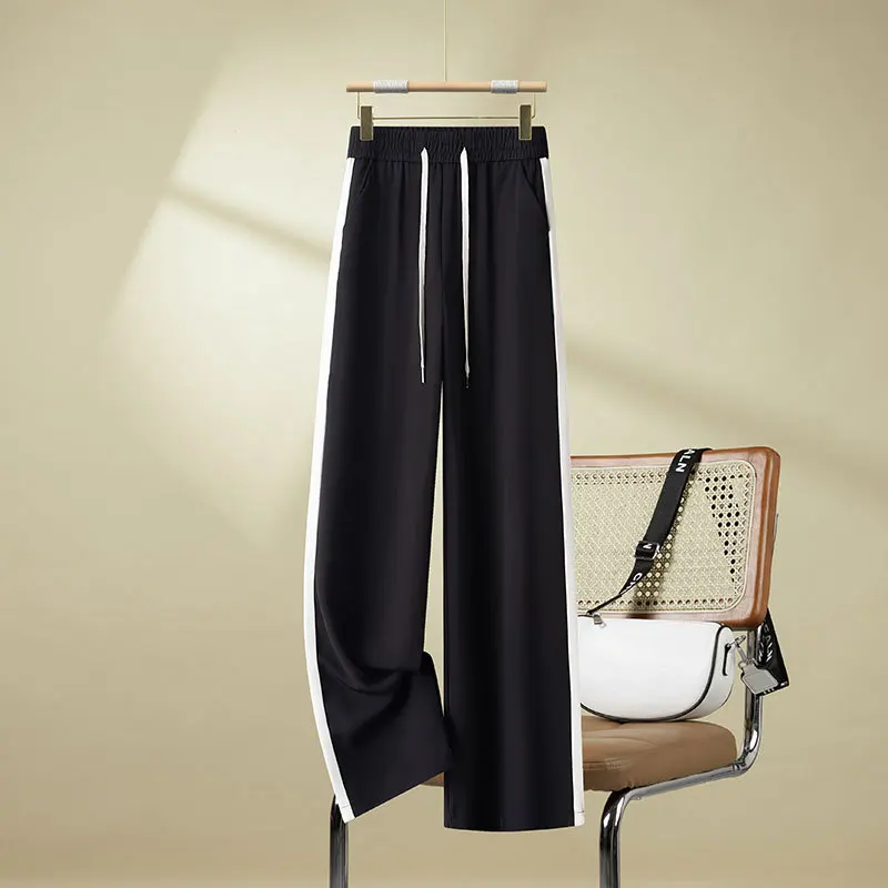 سراويل صيفية نسائية بخصر مطاطي ومتعددة الاستخدامات وشريط جانبي كاجوال مستقيم طويل