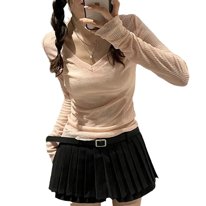 Cseta fena americana com decote em V, manga crida, blusa de proteção solar, coleção de outono e, roupas femi...