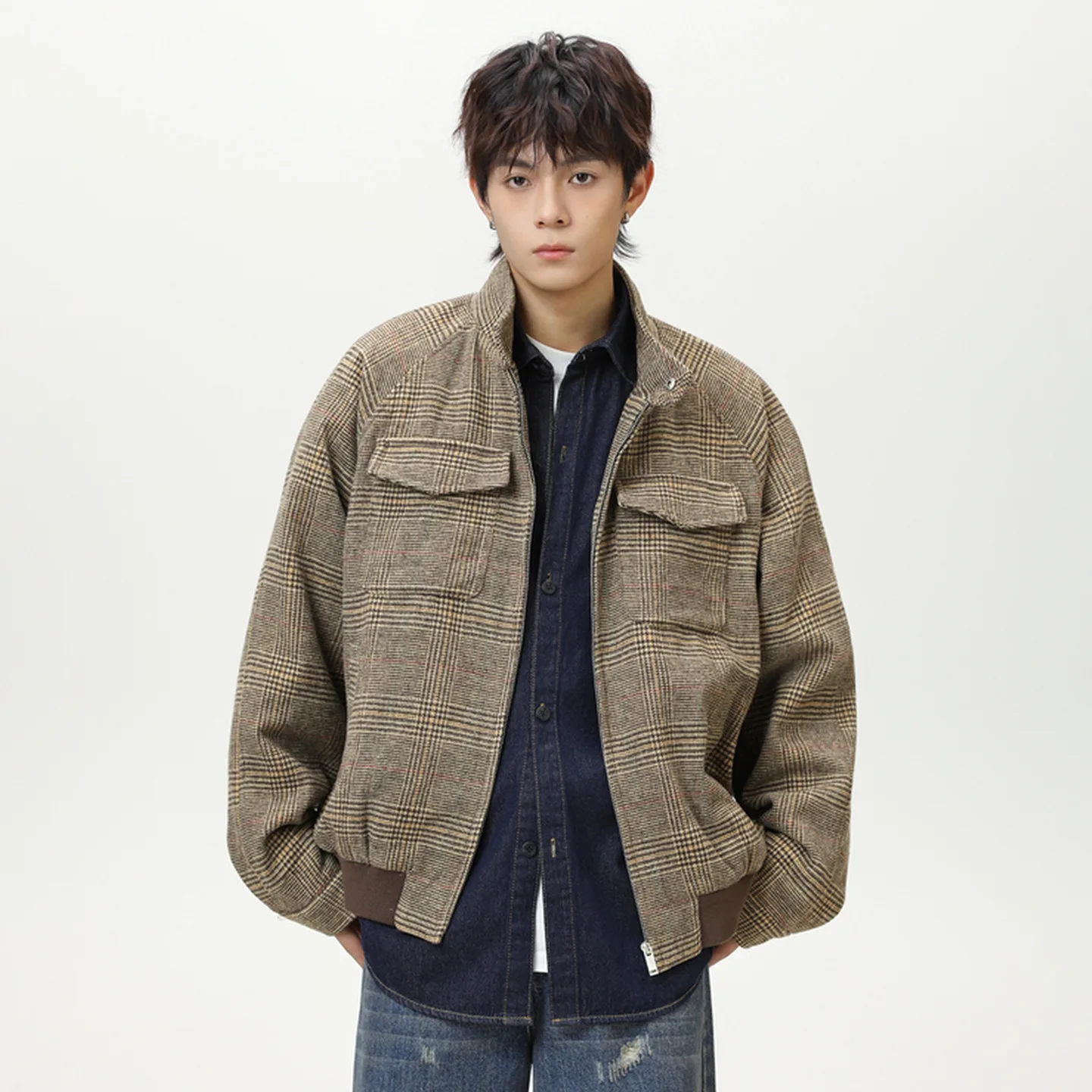 

American Retro Houndstooth Harrington Jackets for Men and Women Fall Short Stand Collar Two Pocket Design Autumn Plaid Coats Men