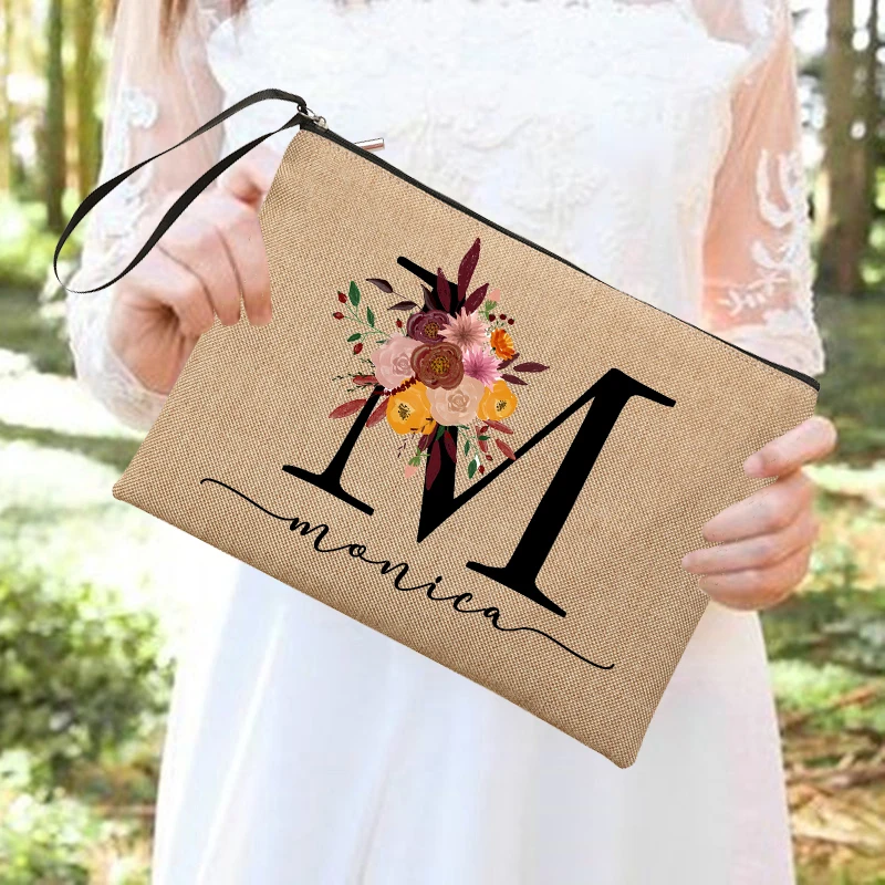 

Personalised Initial Custom Name Cosmetic Bag Bridesmaid Makeup Bags Linen Pouch Travel Neceser Toiletry Organizer Wedding Gifts