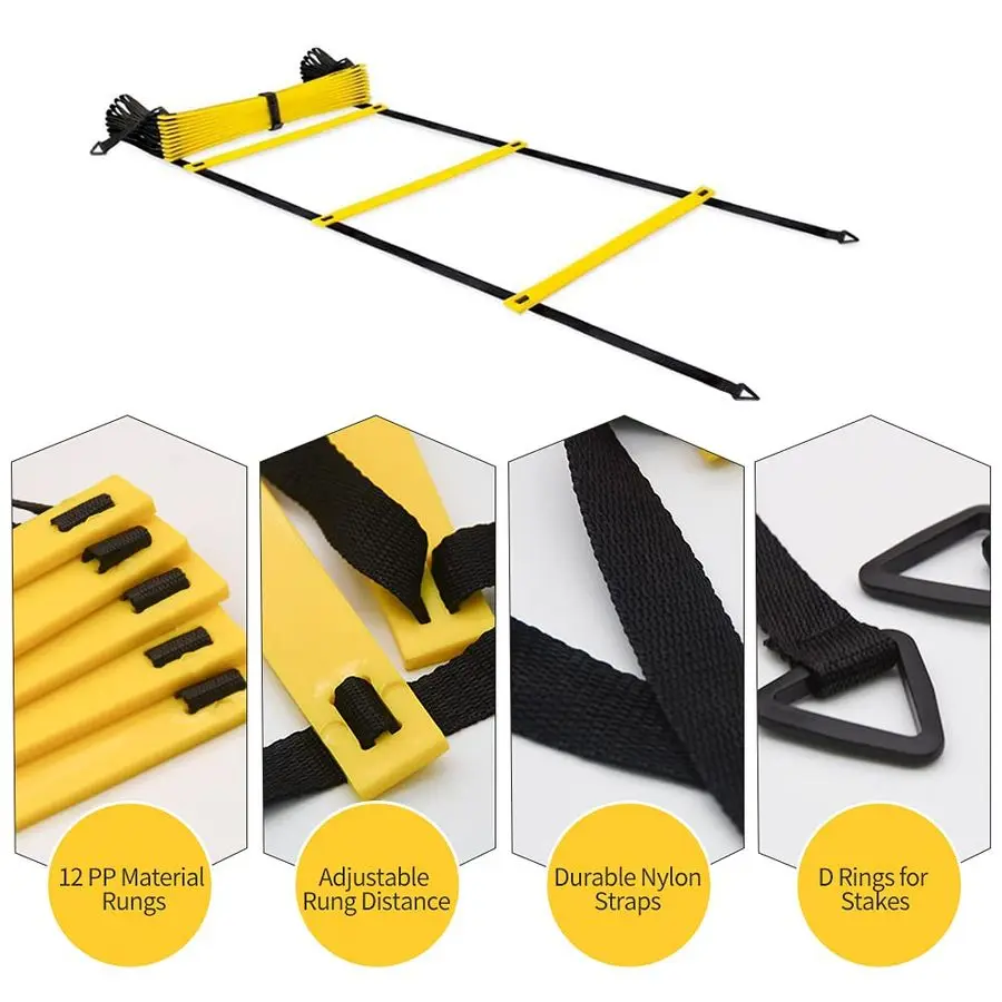 مجموعة سلم خفة الحركة، سلم تدريب مع أوتاد فولاذية وحقيبة حمل لكرة القدم، تدريب سريع للياقة البدنية
