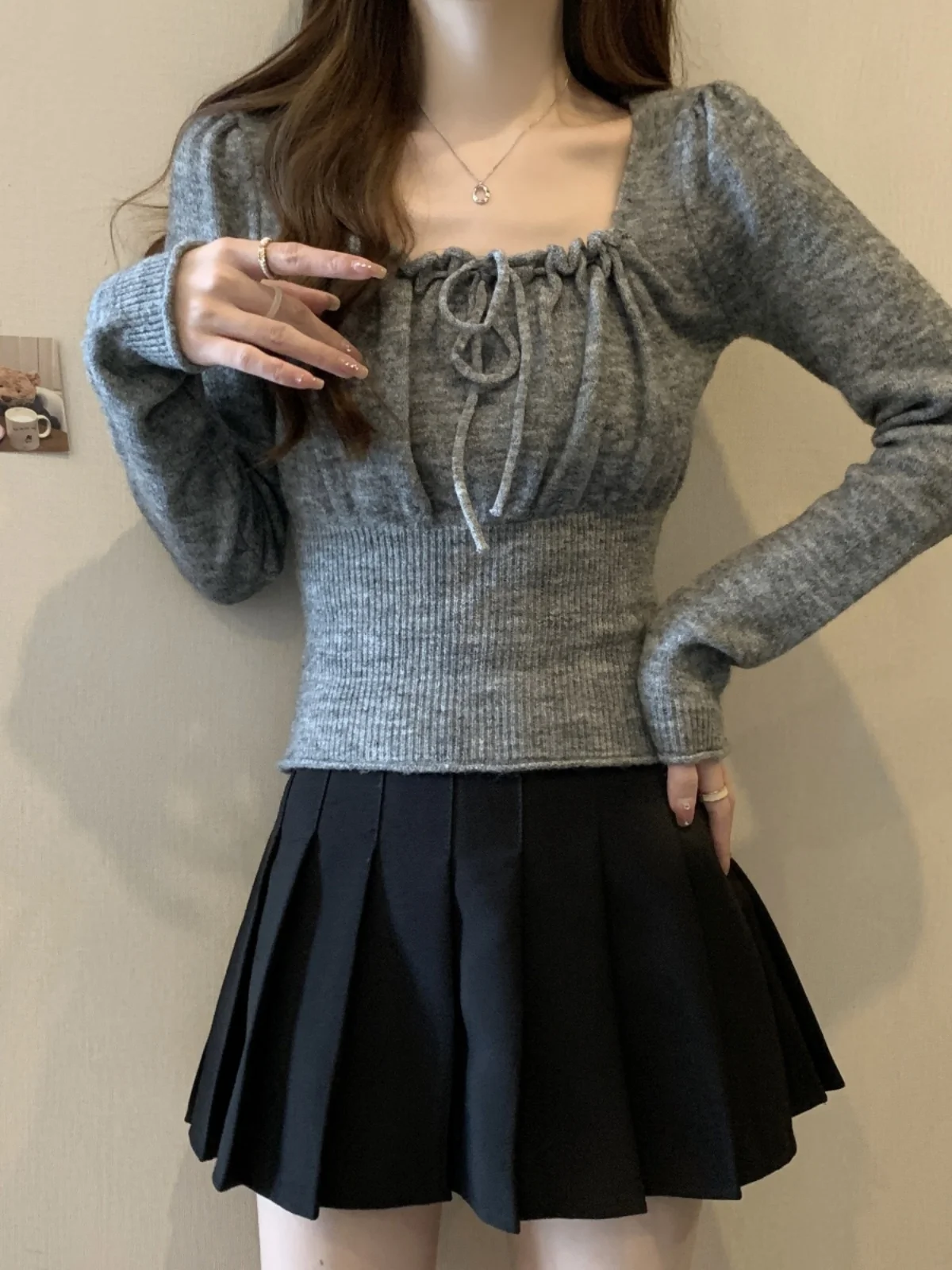 

Вязаный топ больших размеров с квадратным вырезом и завязками на талии для женщин, осенне-зимний, уютный, для ношения под одеждой