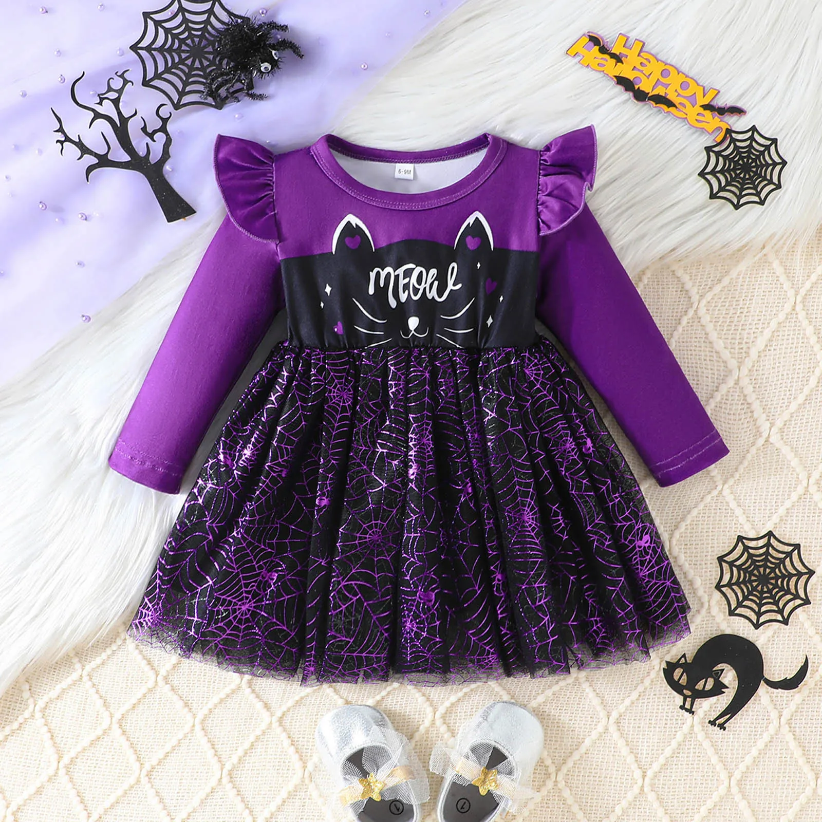 

Dress for Kids Girl Cartoon Pumpkin Cobweb Layered Mesh Tulle Princess Dress Children Cosplay Festival Happy Halloween Costumes