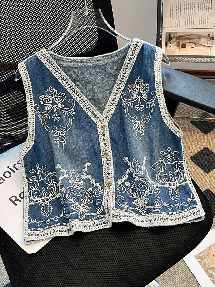 

Summer Blue Denim Embroidered V Neck Sexy Single Breasted Cardigan Tank Top Women Sleeveless Slim Short Vest Tops Korean Fashion