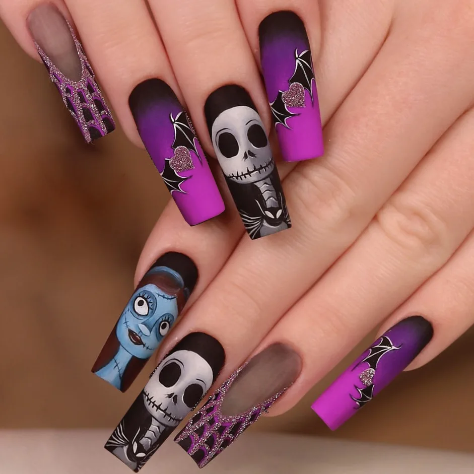 2025 Halloween Long Ballet Press on Nails Zombie Bride Ghost Horror Pumpkin Print False Nail Tips Wearable Reusable Fake Nails