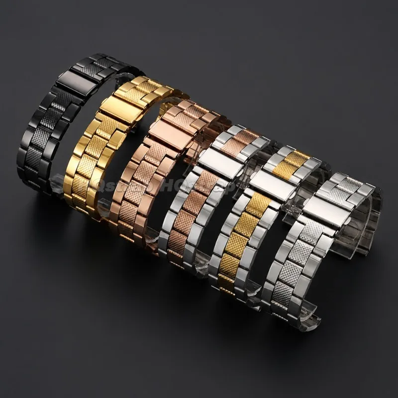 Stainless Steel Watch Strap 22mm Three Bead Metal Bracelet Business Fashion Textured Band Folding Buckle Quick Release Wristband
