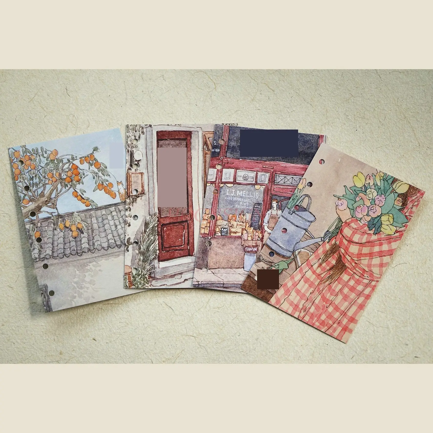 4 pezzi Illustrazioni ad acquerello disegnate a mano, pagine a fogli sfusi, note per conti a mano