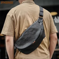 PNDME outdoor fashion luxury genuine leather men's black chest bag weekend daily sport natural soft real cowhide crossbody bag