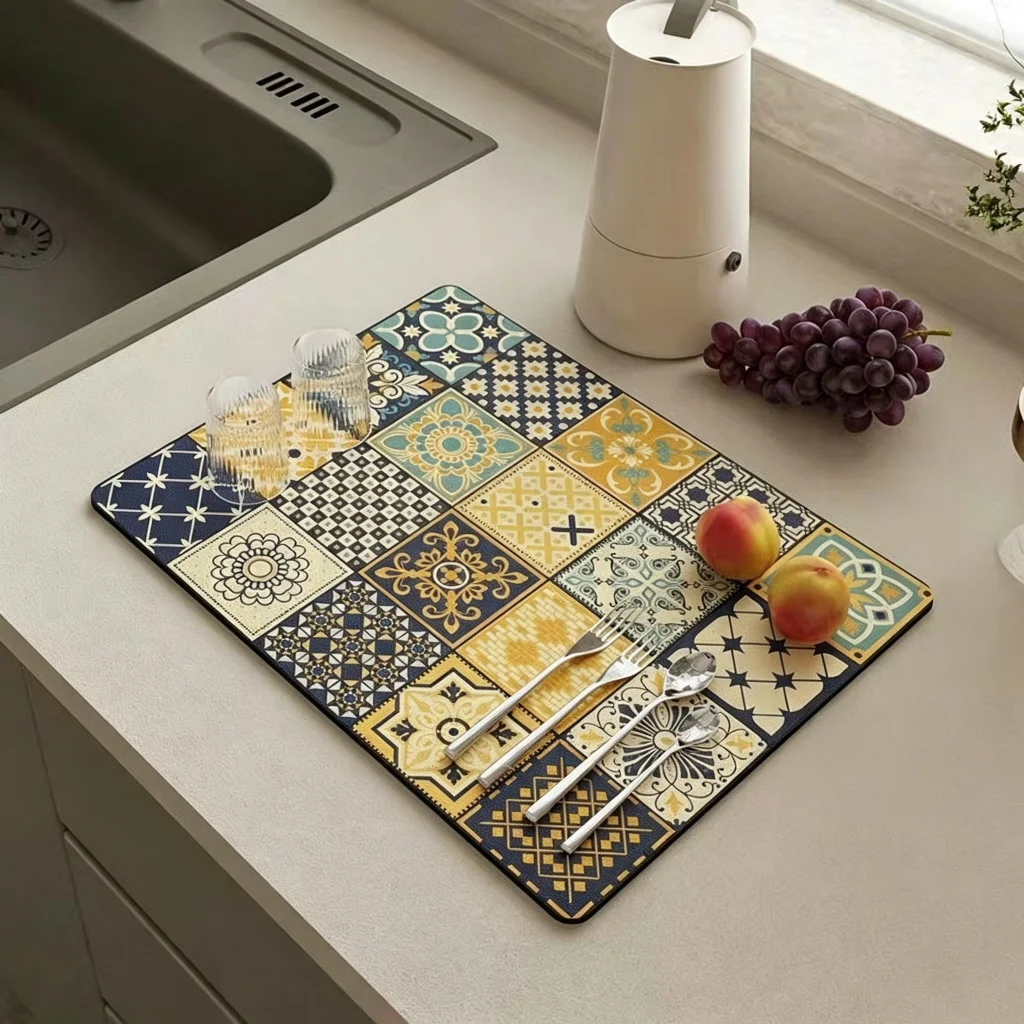 VIKAMA Kitchen Drain Mat Boho Geometric Snowflake Print Kitchen Counter Mat Highly Absorbent Fast Drying Anti Skid Flexible