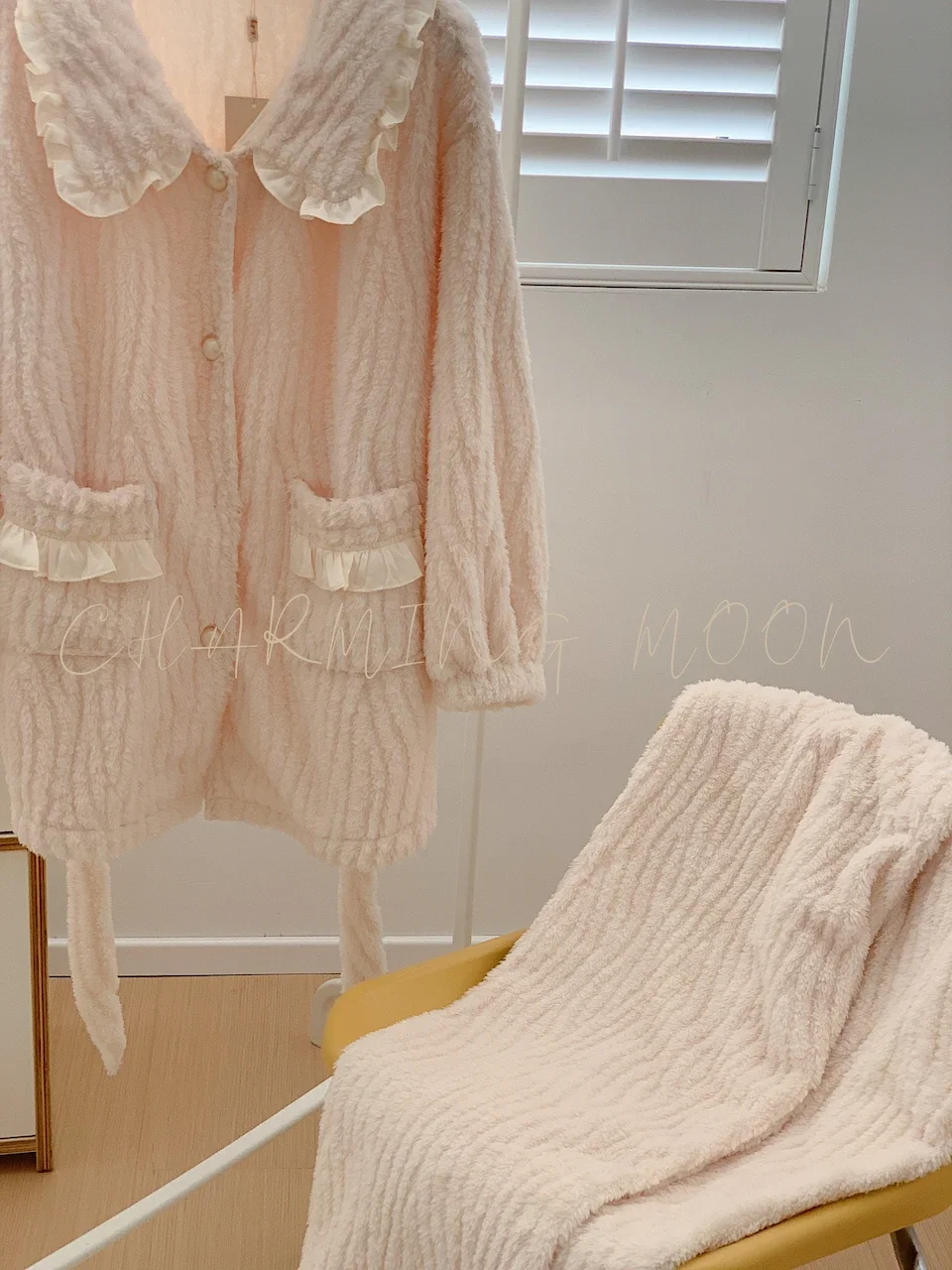 French Style Pink Pajamas Sweet Lace Up Lapel Cardigan Elastic Waist Sleep Pants Soft Warm Home Clothes 2024 Winter New