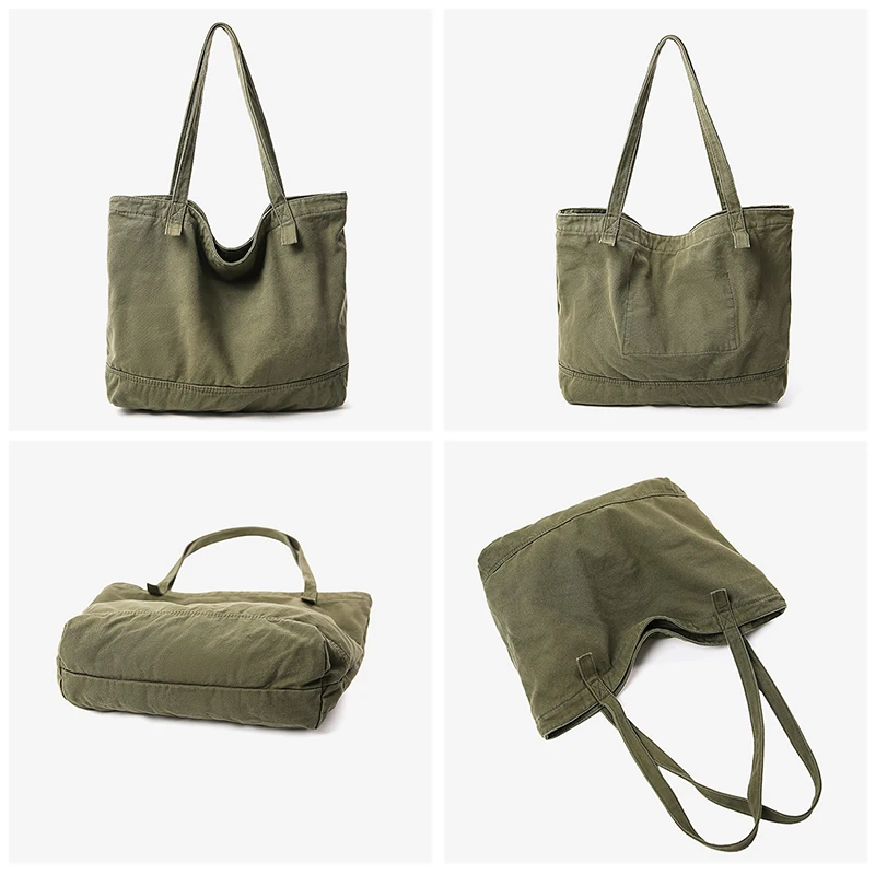 Custom Logo Large Capacity Shoulder Bag Korean Tote Bag Japanese Minimalist Washed Canvas Bag Women's Printed Pattern