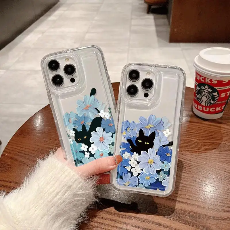 블랙 캣 플라워 케이스 아이폰 17 16 15 14 프로 맥스 13 12 미니 11프로 XR 7 8 플러스 충격 방지 커버 방진 케이스