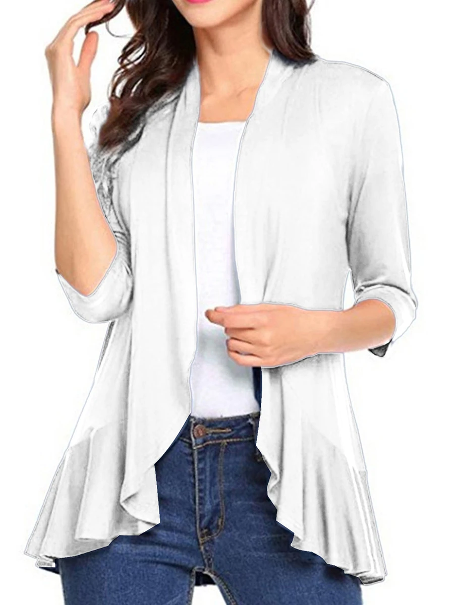 Women Spring Autumn Cardigan Tops 3 4 Sleeve Casual Solid Color Ruffled Hem Thin Tops Coat