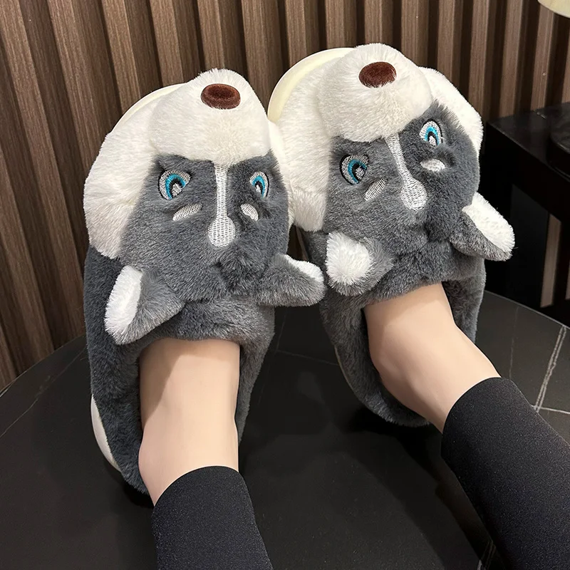 Winter Men Women Slippers Funny Siberian Husky Slides Warm Furry Slippers Fluffy Indoor Home Cotton Shoes Plush Clogs Loafers