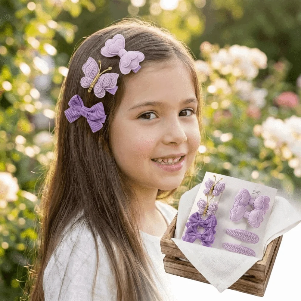 1 Set Yarn Bow Hair Clips Glitter Accent Butterfly Design Yarn Bow Butterfly Snap Snap Closure Cute Style Hair Clips Set