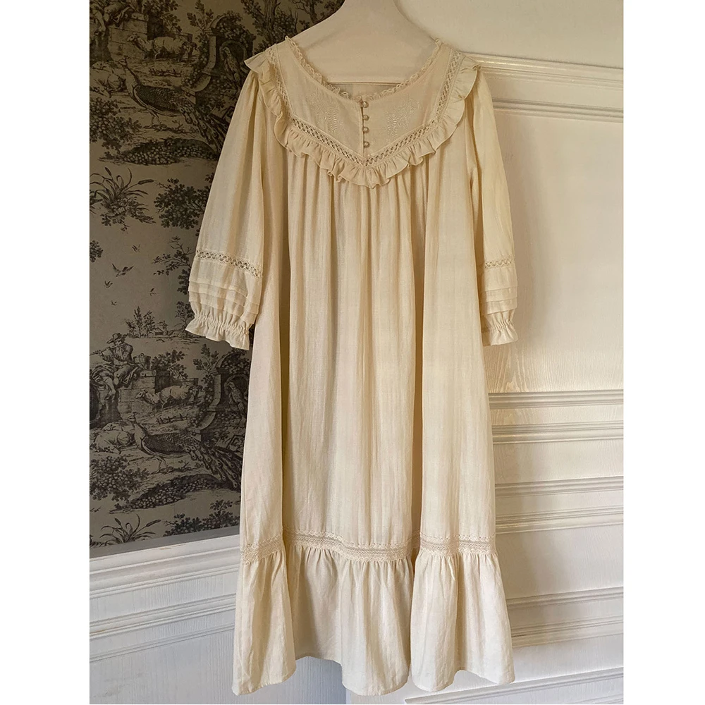 2025 new retro court style nightdress women long princess sweet French home dress pure cotton pajamas long sleeve nightgown - Image 6