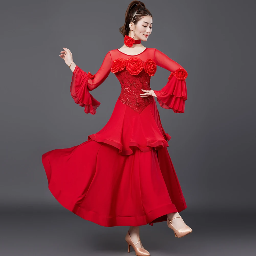 フクシア標準ダンス衣装競技ホーンスリーブ高品質社交選手権ステージ衣装レッドワルツ