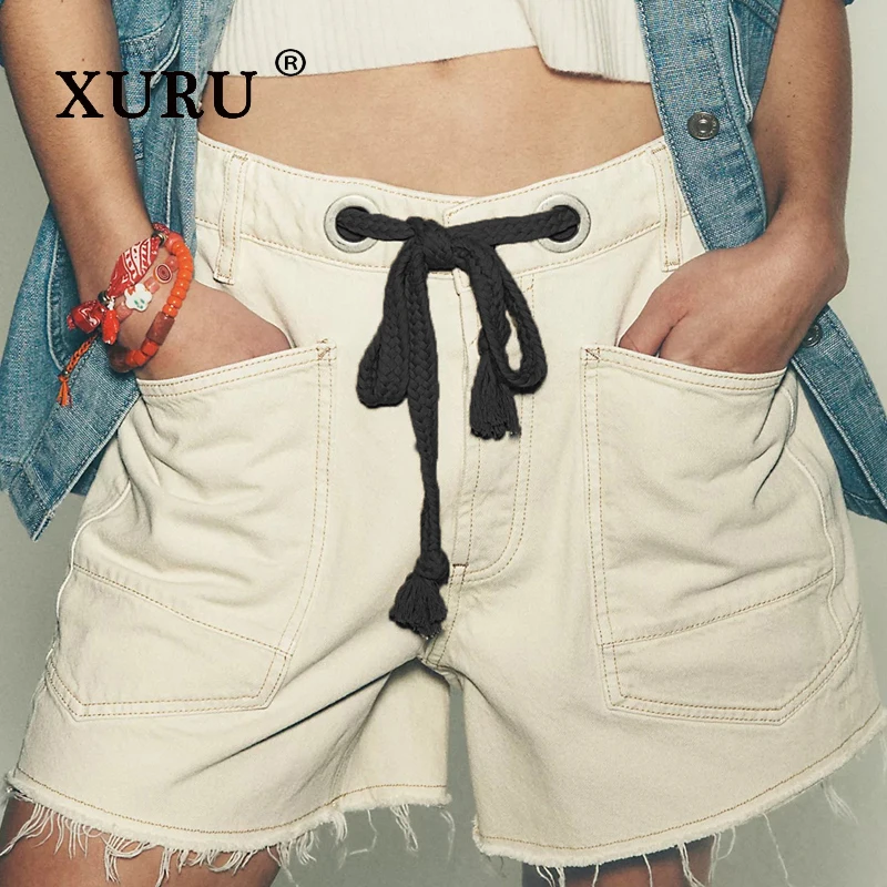 XURU - شورت جينز نسائي جديد Y2k من قماش الدنيم، جينز فضفاض برباط متعدد الجيوب، جينز قصير نسائي فاخر