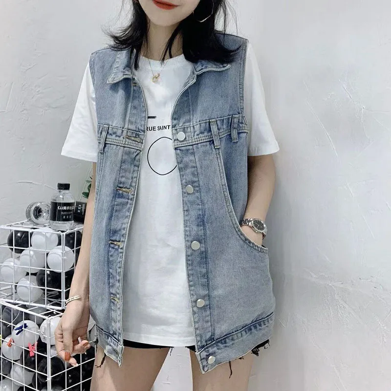 

Модные свободные джинсовые жилеты, женские весенне-осенние 2021, новый ковбойский жилет без рукавов, студенческий жилет, пальто, повседневные женские топы