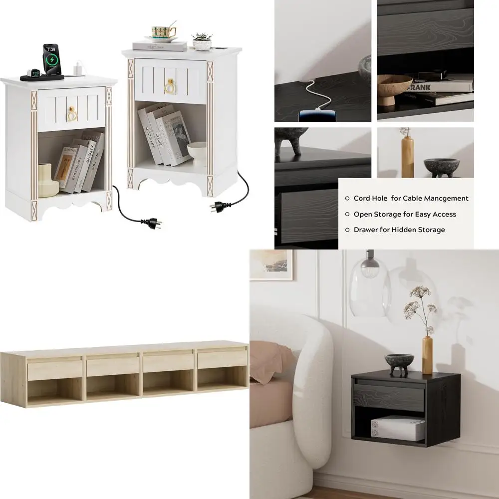 ミッドセンチュリーモダンナイトスタンド2個セット、充電ステーション、引き出し、オープンコンパートメント付きベッドサイドテーブル