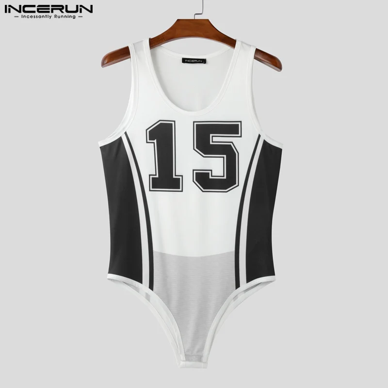 INCERUN 남성 바디 슈트 인쇄 패치 워크 오목 민소매 남성 Rompers 섹시한 운동 streetwear 2025 패션 바디 슈트 S-3XL