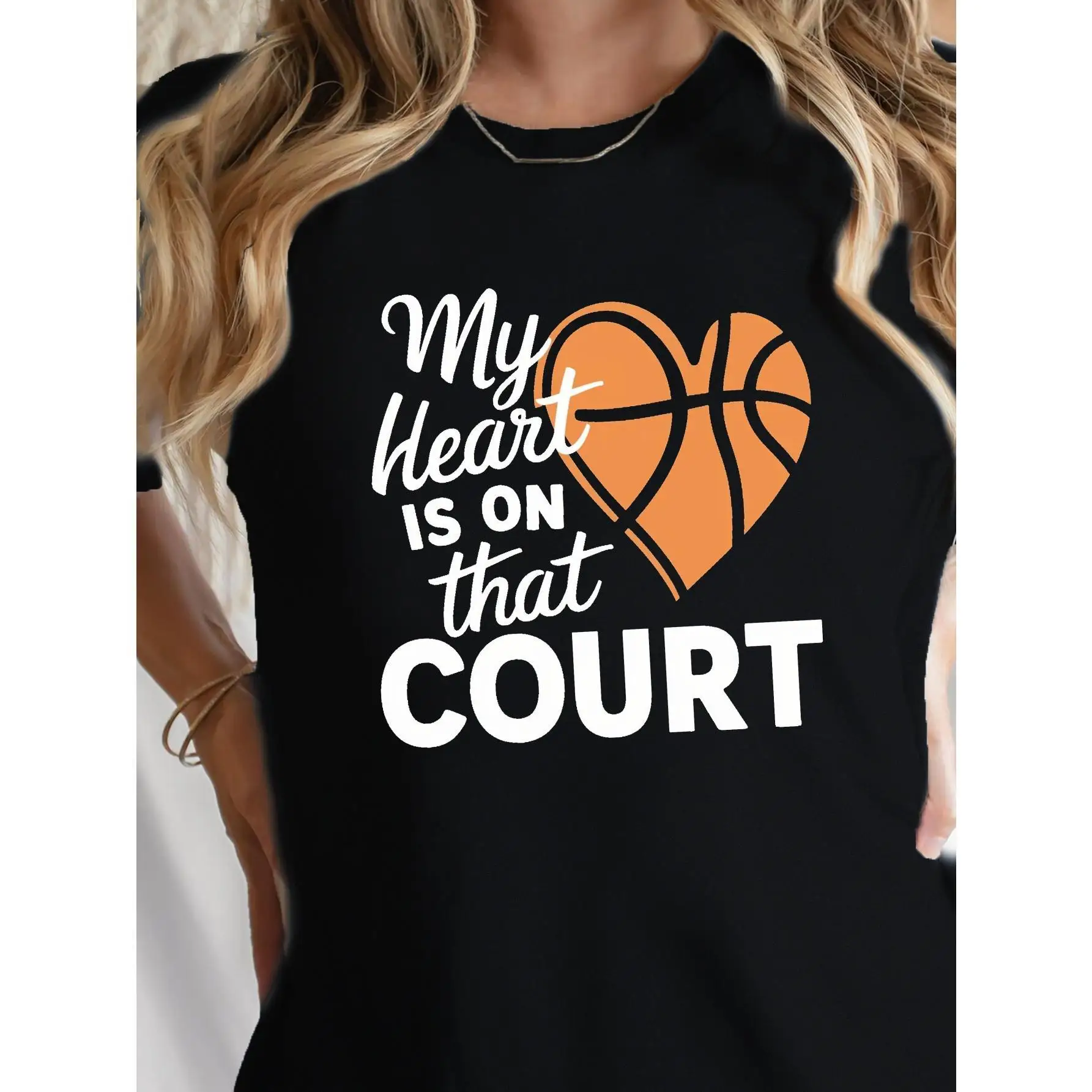 

Women's Basketball Heart T-Shirt - Comfort Fit, Short Sleeve, Round Neck, Casual Style, Purple with Orange & White Print