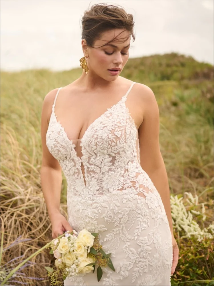 

Customized Fishtail Style Wedding Dress With Thin Shoulder Straps White Lace Dress Deep V-Neck Transparent Detail Design