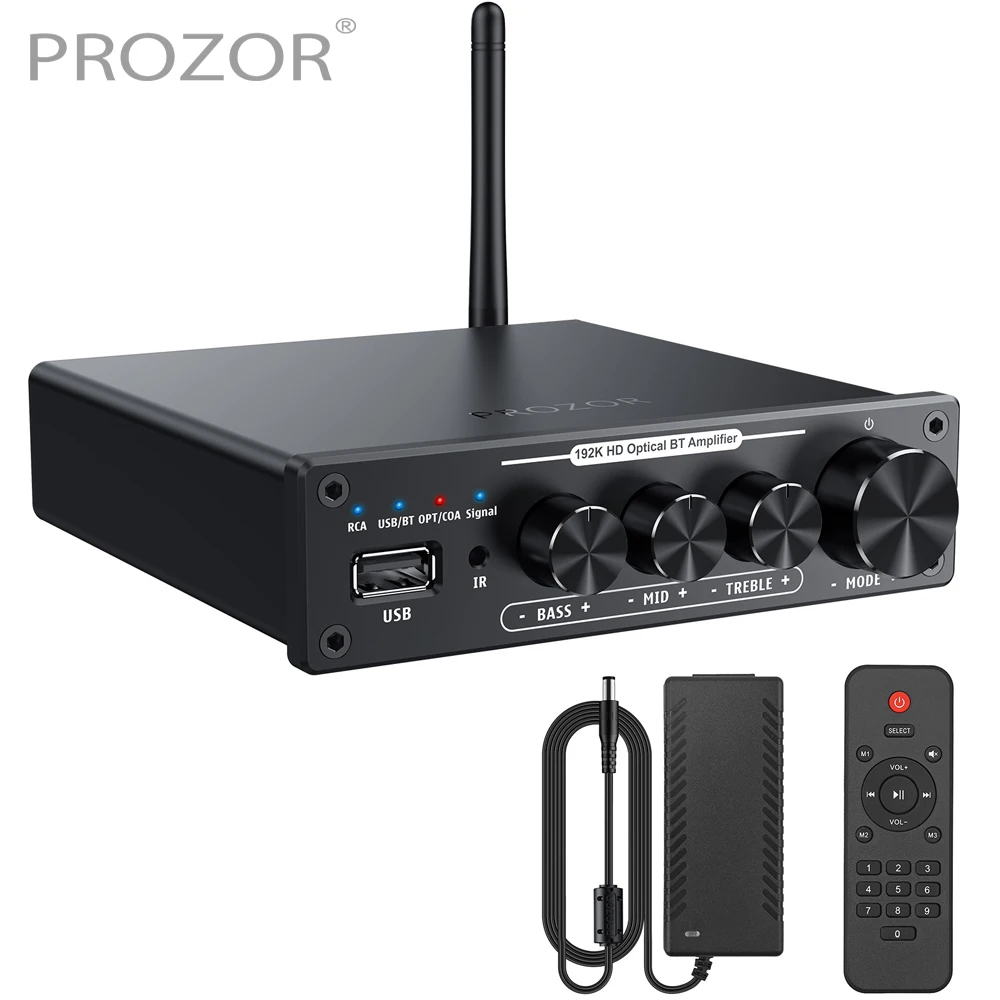 PROZOR 192k Bluetooth-kompatybilny wzmacniacz Audio 100W + 100W hi-fi cyfrowy wzmacniacz mocy DAC optyczny koncentryczny do analogowy konwerter Audio