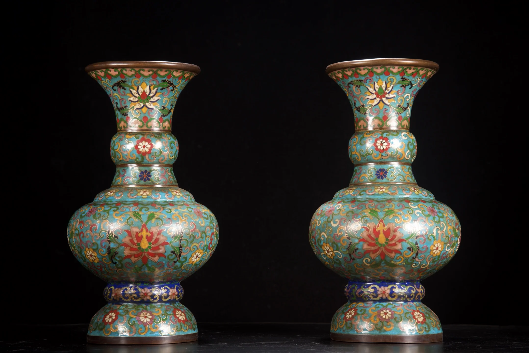 Old Bronze Cloisonne Flower texture String patterned bottle Large mouthed vase Appreciation bottle a pair Amass wealth Ornaments
