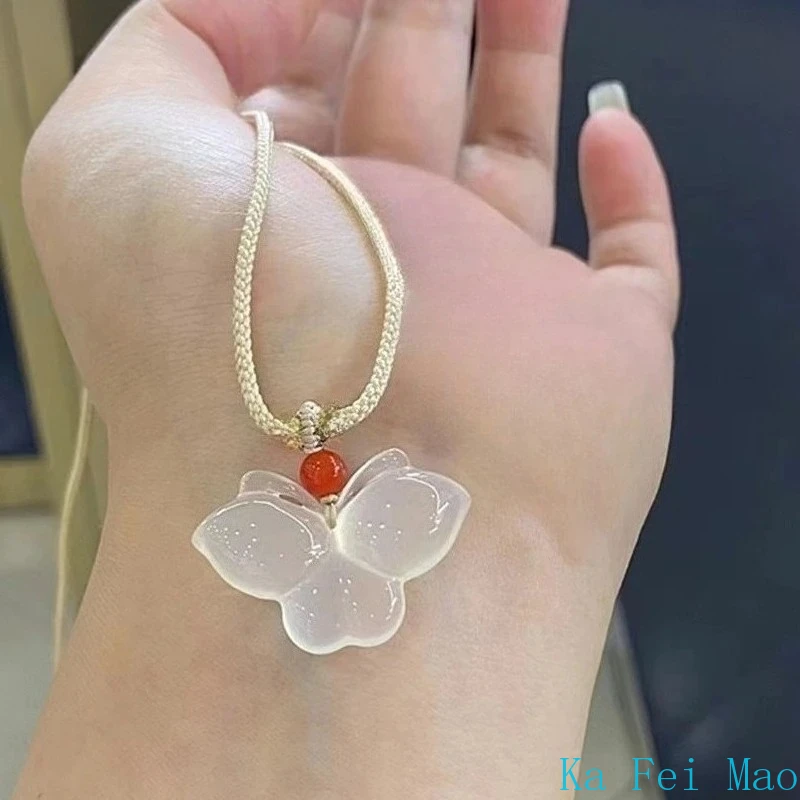 

Natural Ice Agate Butterfly Pendant Beautifully Carved Temperament Luxury Ladies Jewellery Mascot Holiday Gift