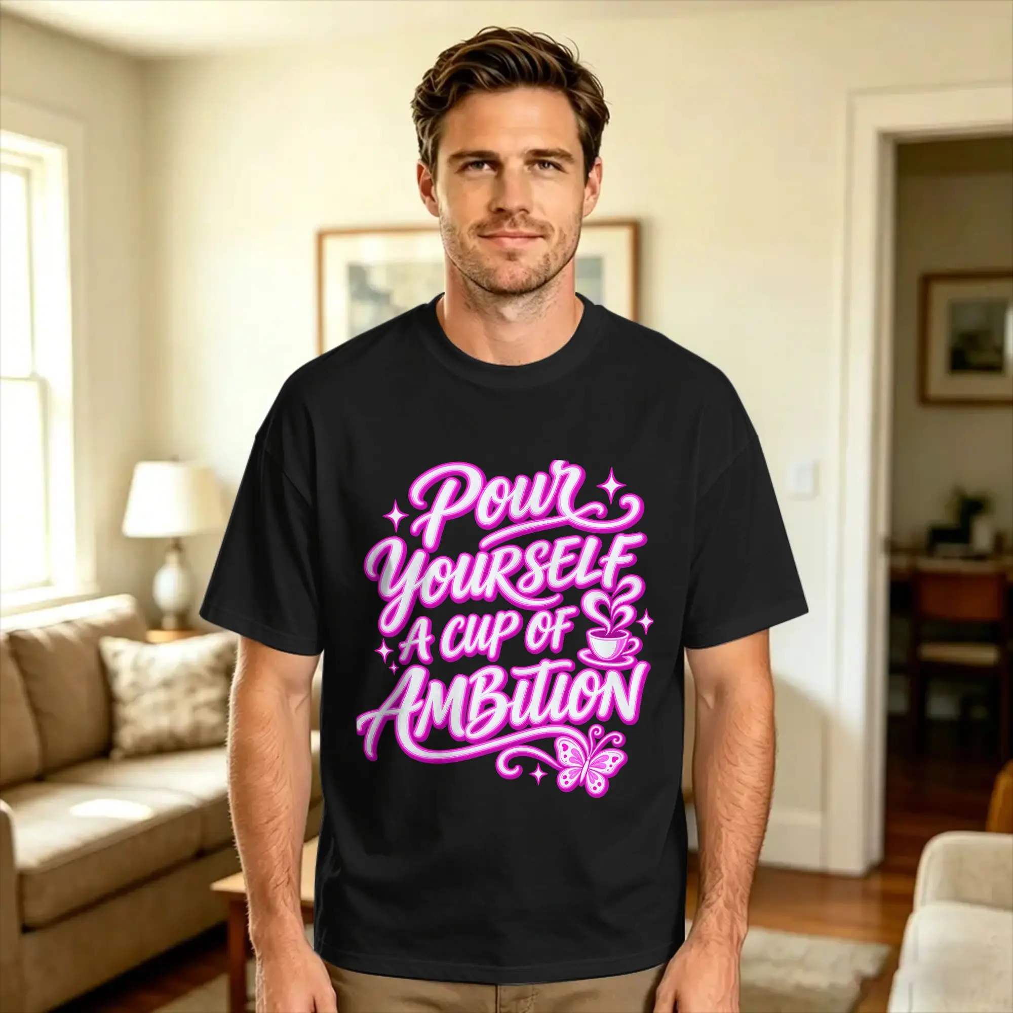 Pour Yourself A Cup of Ambition Pink T-Shirt Man  Y2K Funny T-Shirts Summer O Neck Harajuku Tees Casual Oversize Clothing