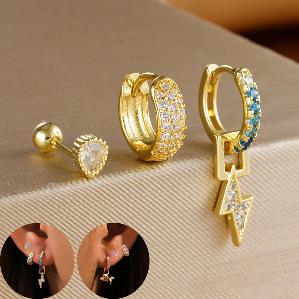 3PCS Round Circle Hoop Earrings Set for Women Lightning Bird Eyes Pendant Cartilage Piercing Earring Jewelry pendientes mujer