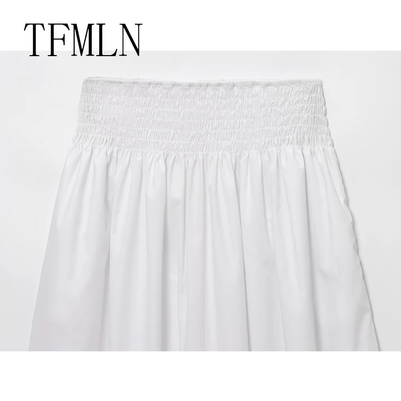 TFMLN تنورة نسائية أنيقة مطابقة تنورة بيضاء أنيقة للسيدات تنورة جيوب غير رسمية للفتيات الجميلات بخصر مطاطي تنورة متوسطة الطول