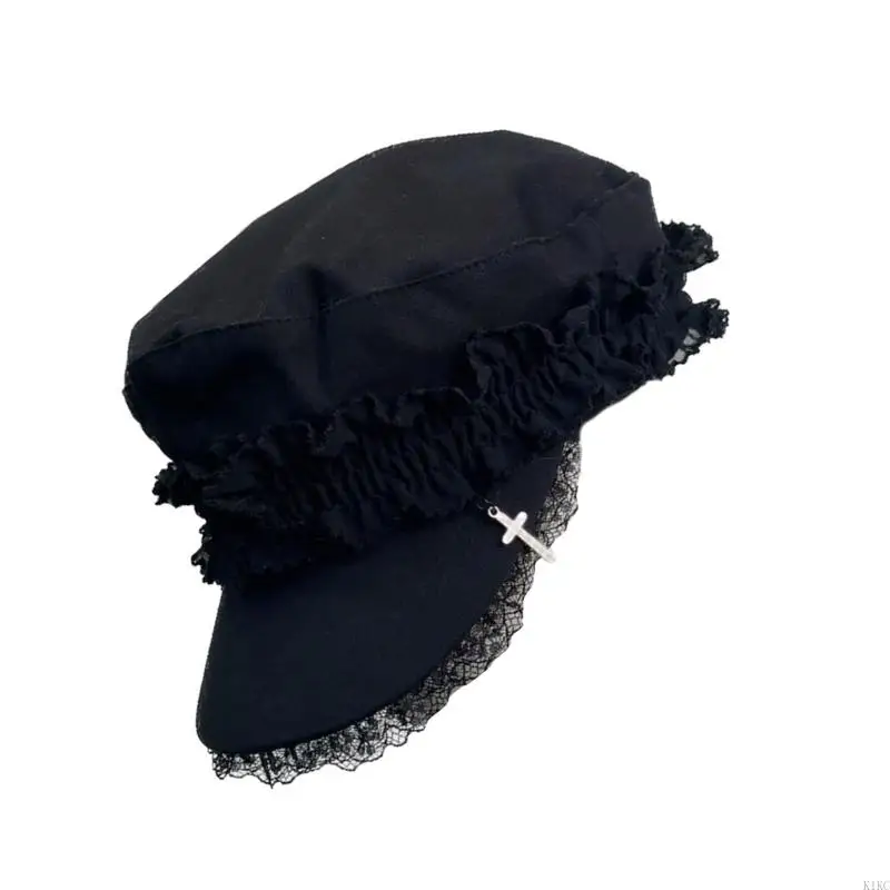 K1KC Hat with Double Layers Lace & Crucifix for Female Girl Newsboys Hat Chauffeur Hat Outdoor Sun Hat