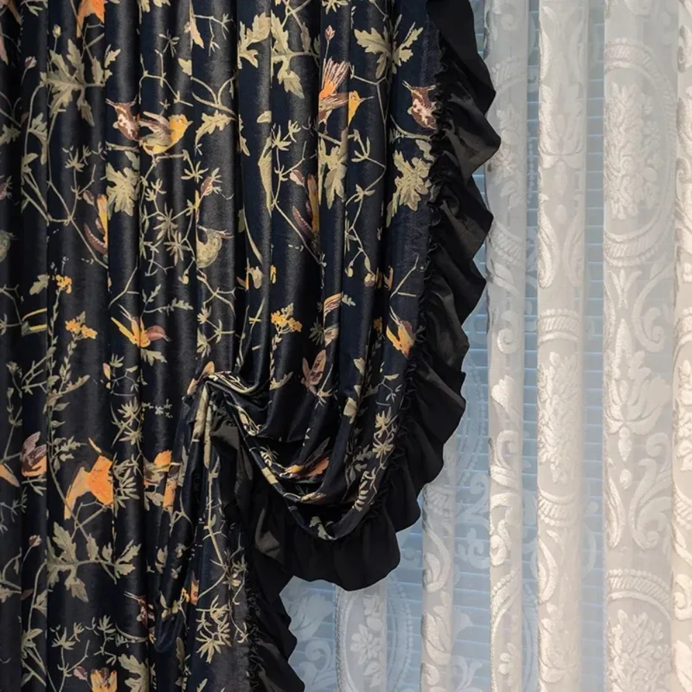 American Ruffle Flocked White Screen Window Screen Black Jacquard Curtains For Living Room Bedroom Floor-to-ceiling Window