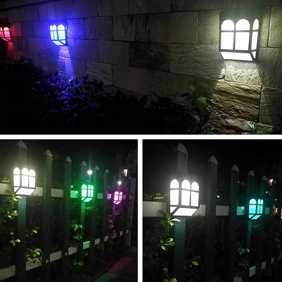 ไฟ LED ติดผนังพลังงานแสงอาทิตย์กลางแจ้งสวนภูมิทัศน์รั้วลานโคมไฟสีขาว/แสงสีขาวนวล + ไฟ RGB