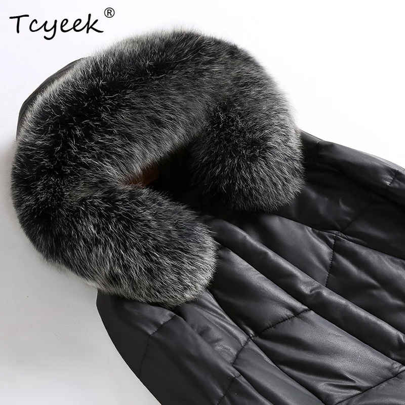 Tcyeek Real Sheepskin Autumn Winter Fox Fur Collar Detachable Hat Black Medium Length Women's White Duck Down Coat Veste Femme