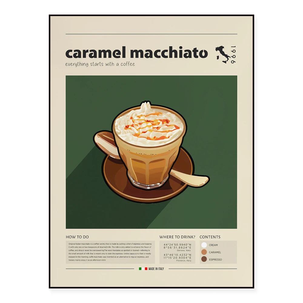 Café turco, macchiato de caramelo italiano, cartel de café mocha, estampado de café, decoración artística de pared de cocina