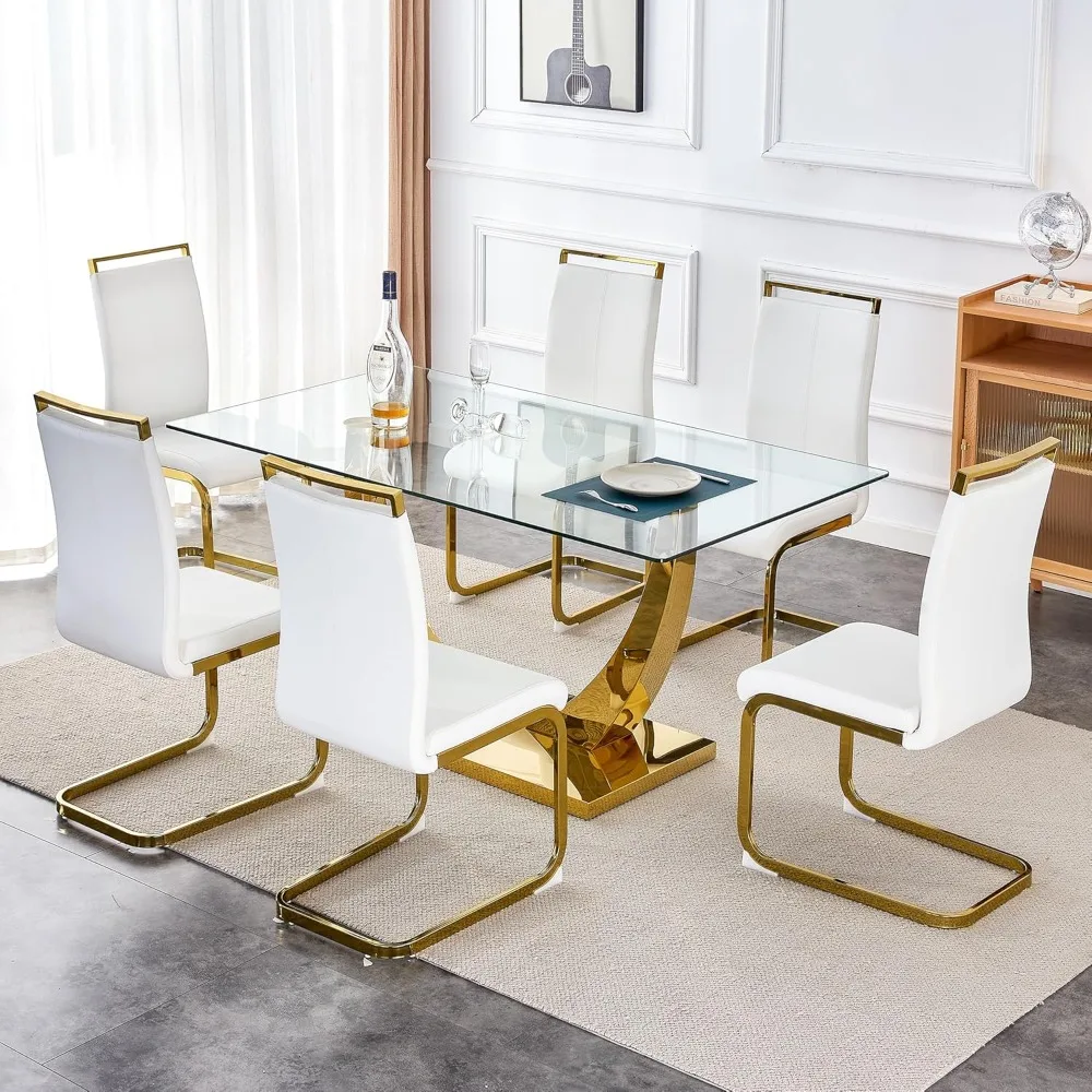 Glass Dining Table, 63inch Rectangular Gold Kitchen Table, Modern Dining Room Table with 0.39