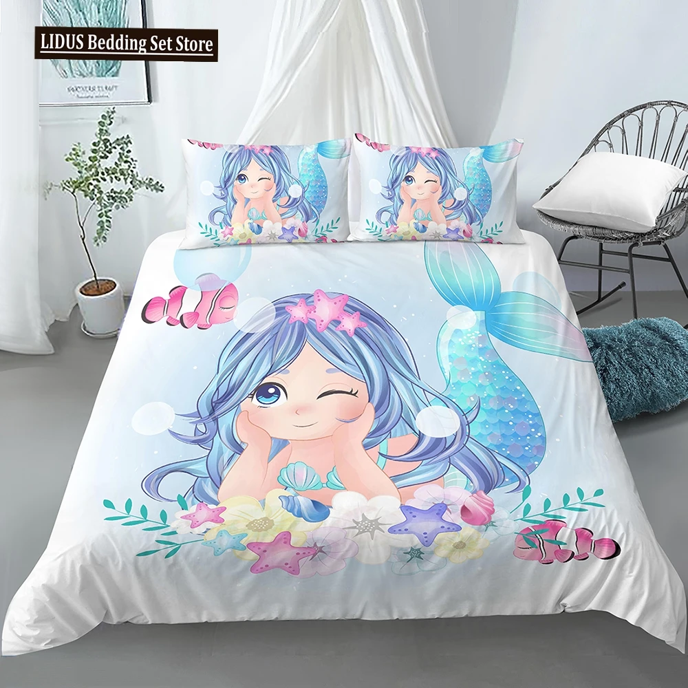 

Bedding Set Girls Mermaid Duvet Cover Set With Pillowcase Cartoon Edredones Niños Girl Princess Quilt Cover Full Size Bedspread