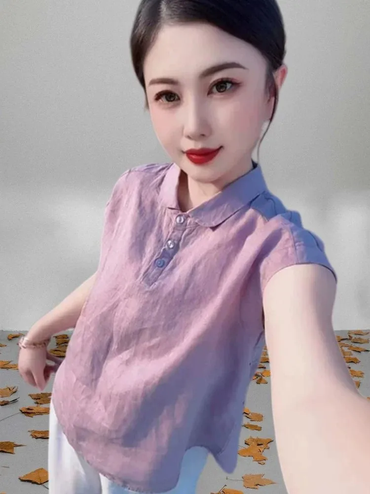 Design Sensation Women's Large Size  Shirt Summer Short Sleeve Turn-down Collar T-shirt Purple Taro Root Color High ...