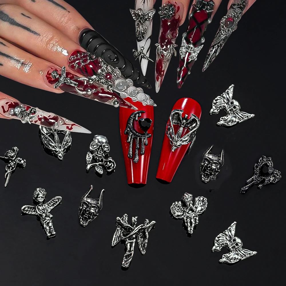 12Grid 3D Halloween Legierung Nagel Dekorationen Y2K Retro Gothic Punk Schwarz Metall Flügel Schädel Kreuz Nagel Charms Halloween Nagel liefert