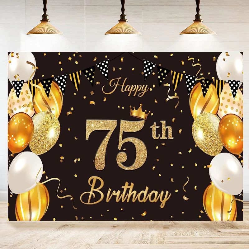 Photography Backdrop Black Gold 75th Birthday Banner Background For Men Sign Poster Photo Booth Props Party Decoration