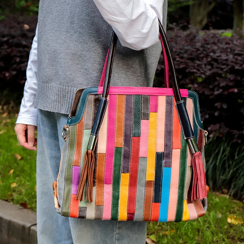 Bolso de cuero de un solo hombro para mujer, bandolera femenina con personalidad de flores hechas a mano, Color de contraste colorido, piel de vaca